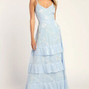 Lulus- Beaming Babe Light Blue Floral Print Jacquard Tiered Maxi Dress